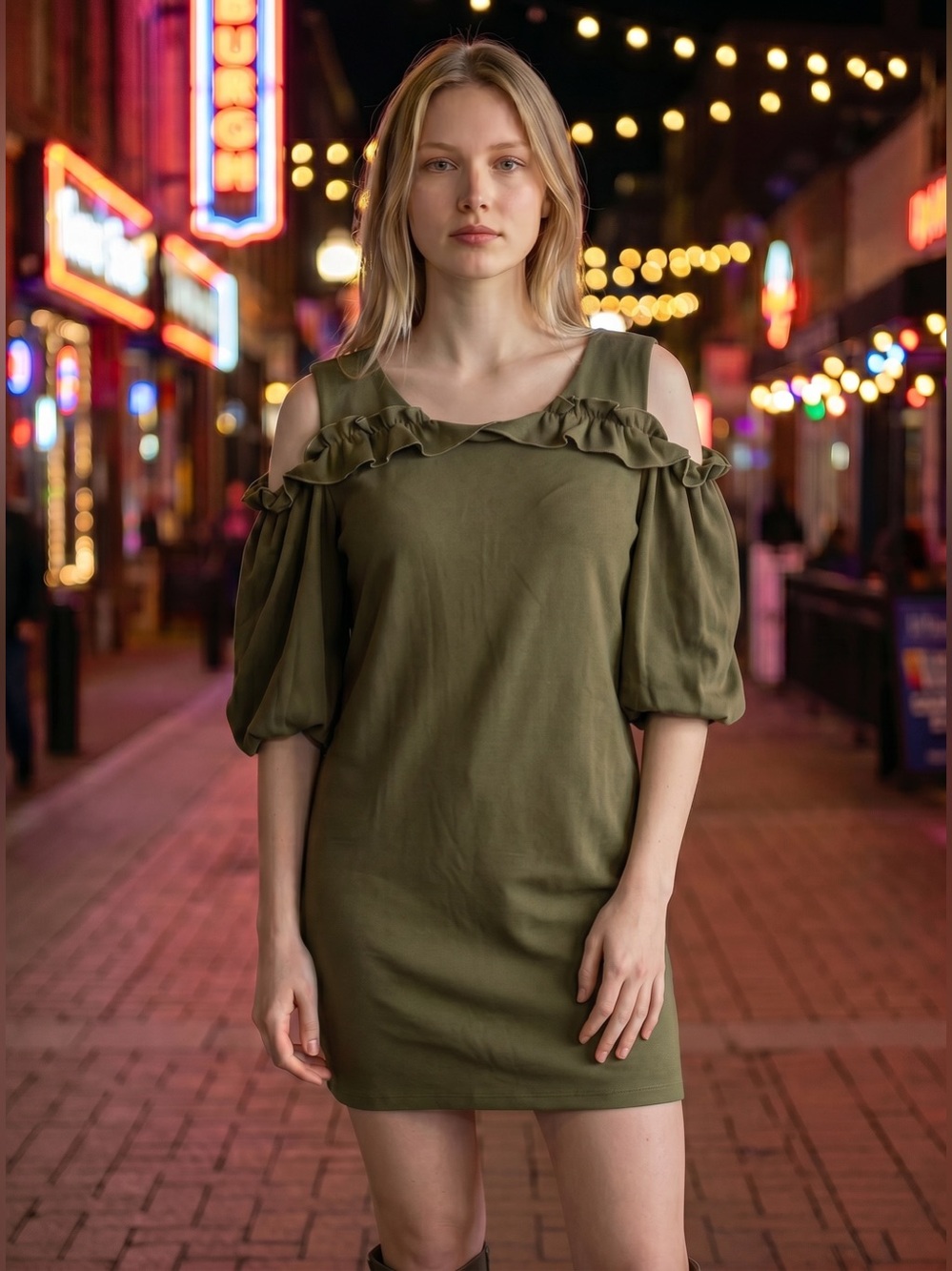 Nina Leonard Olive Green Cold Shoulder Dress with Ruffle Det